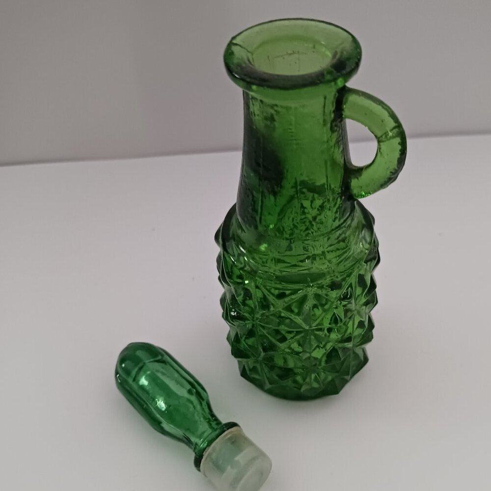 Vintage Cruet Vinegar Decanter Bottle Miniature 3.5 inch Green Glass Handle